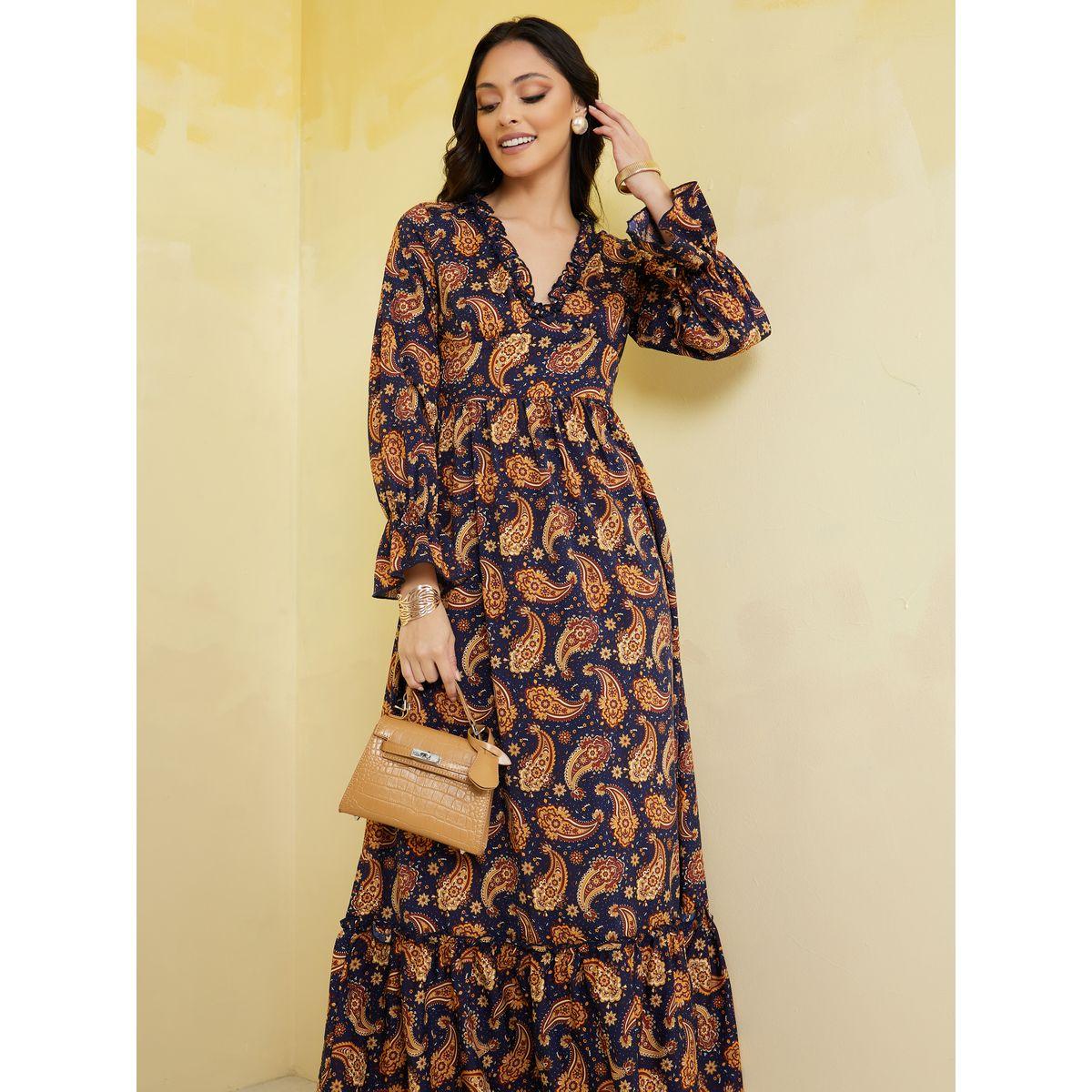 فستان طويل مطبع بزهور وكشكش-women-clothing-dresses-image-2