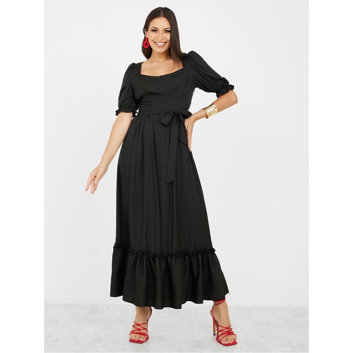 Styli Solid Tiered A-Line Maxi Dress with Self Tie-women-clothing-dresses-image-1
