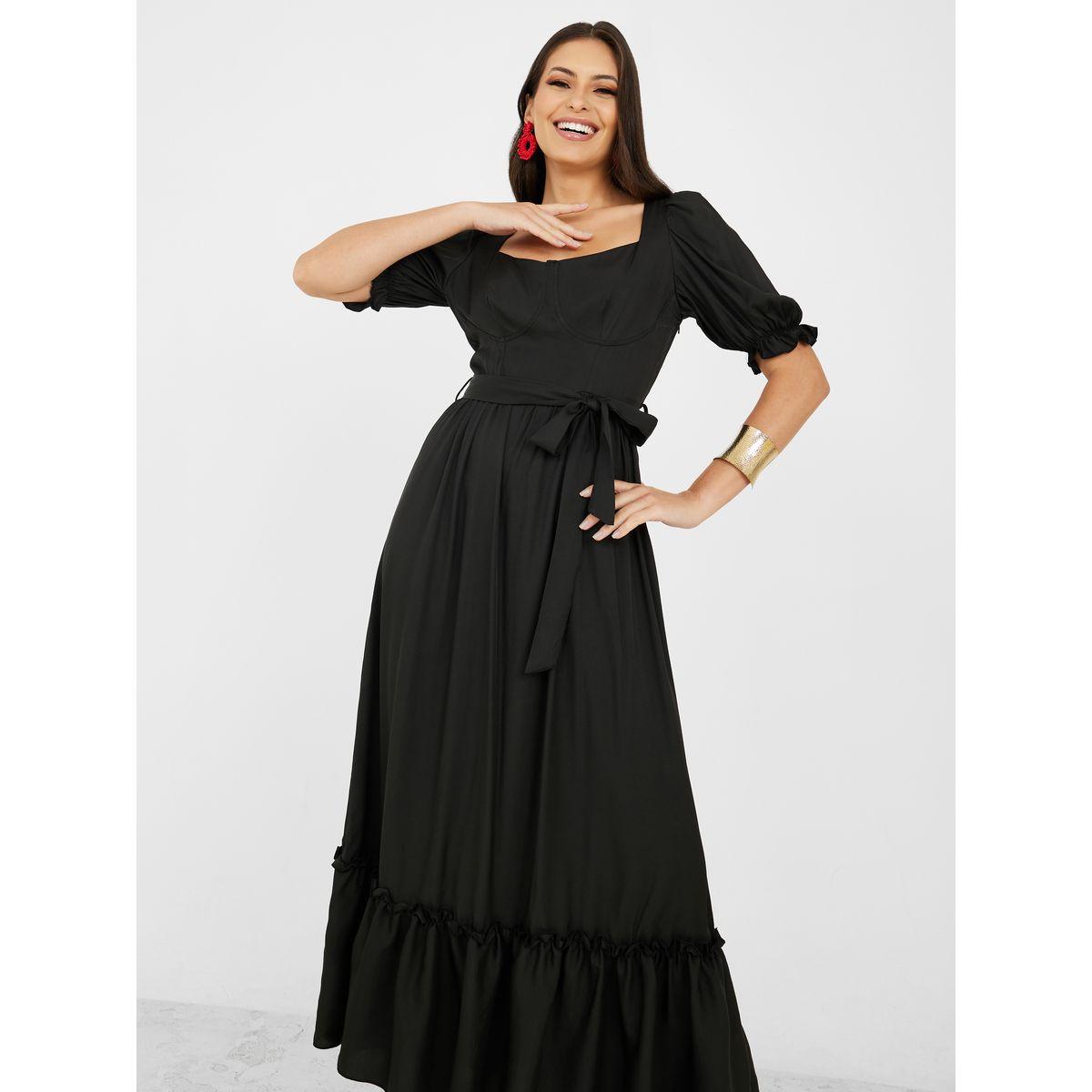 Styli Solid Tiered A-Line Maxi Dress with Self Tie-women-clothing-dresses-image-2