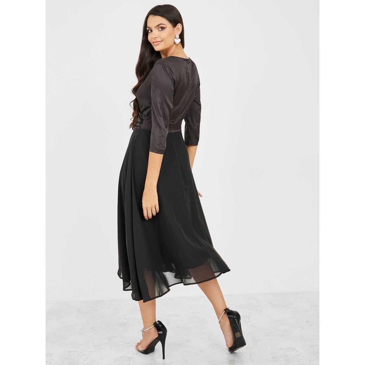 Styli Solid V Neck A-Line Midi Dress-women-clothing-dresses-image-4