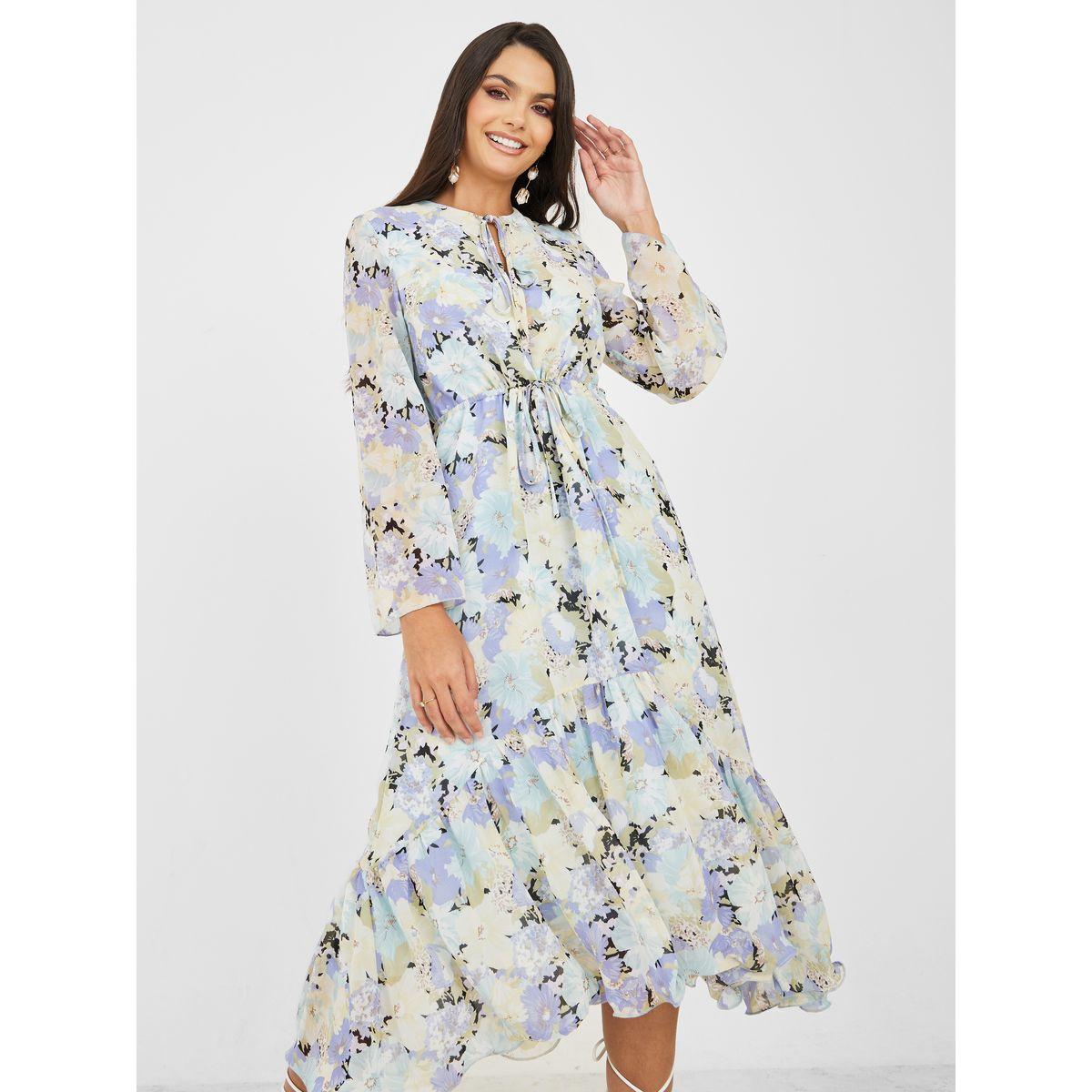 Styli Floral Print Tie Up Neck A-Line Midi Dress-women-clothing-dresses-image-1