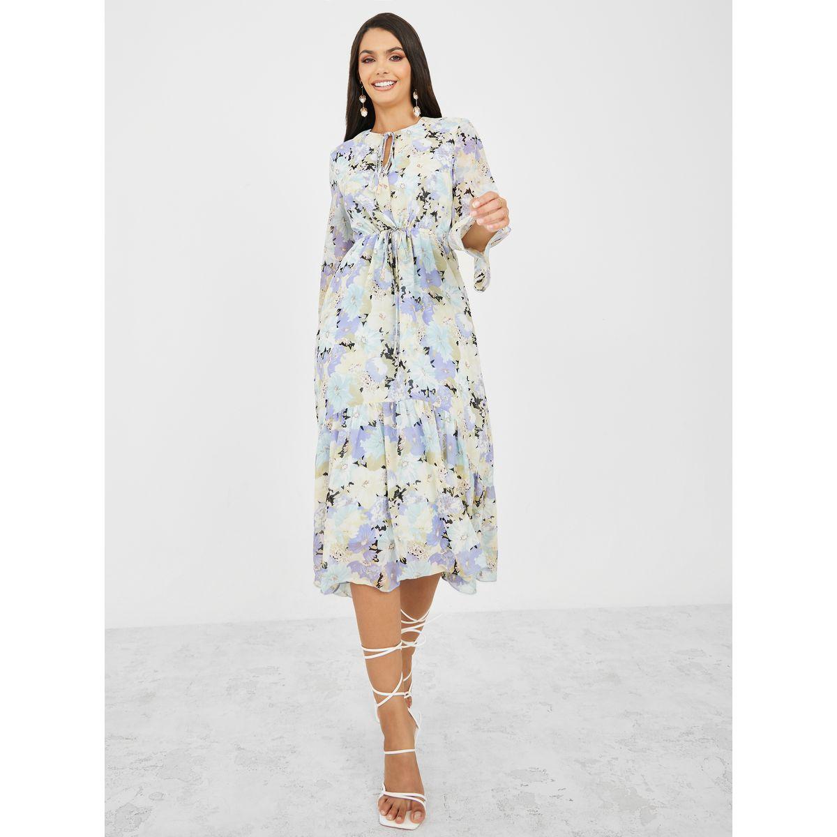 Styli Floral Print Tie Up Neck A-Line Midi Dress-women-clothing-dresses-image-2