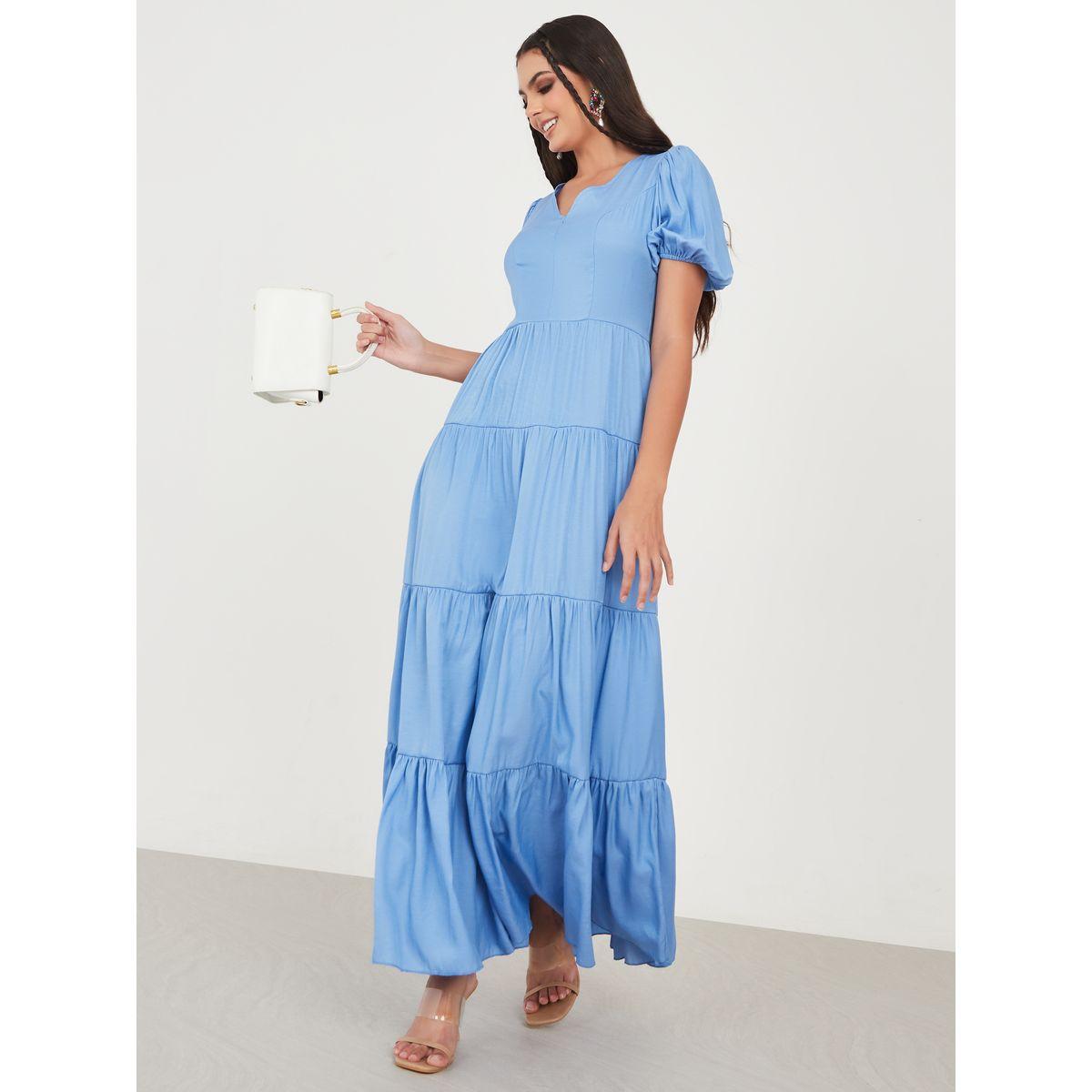 فستان طويل بكسرات واكمام منفوشة-women-clothing-dresses-image-1