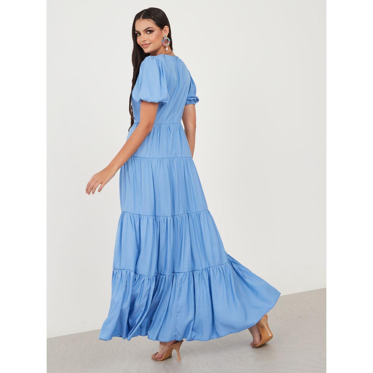 فستان طويل بكسرات واكمام منفوشة-women-clothing-dresses-image-4