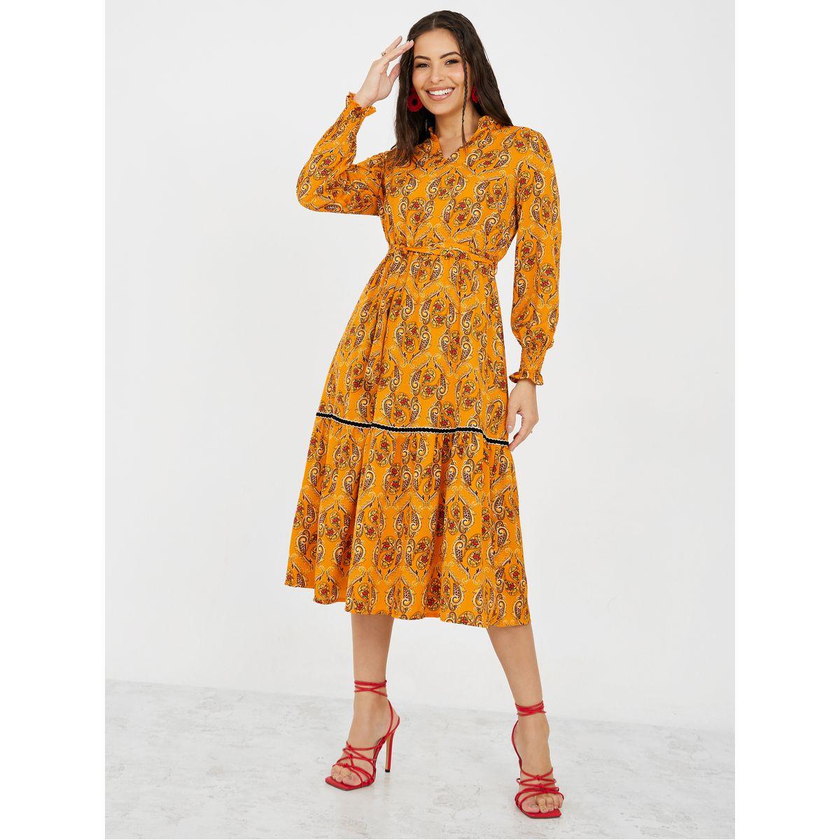 Styli Notch Neck Paisley Print A-Line Midi Dress-women-clothing-dresses-image-1