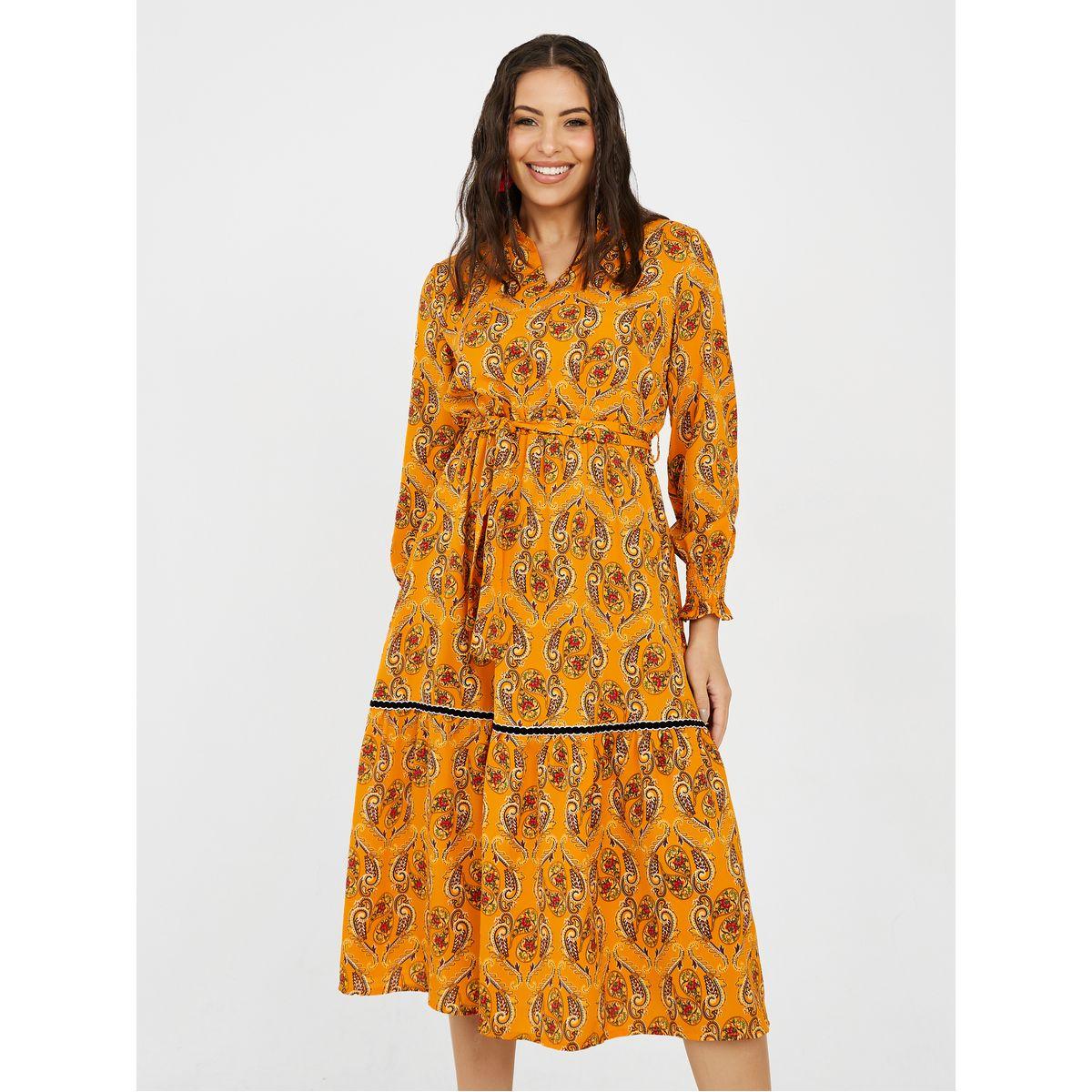 Styli Notch Neck Paisley Print A-Line Midi Dress-women-clothing-dresses-image-2
