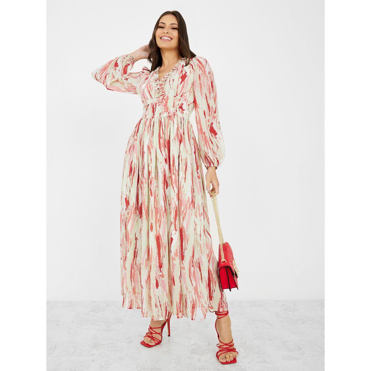 Styli  Abstract AOP Ruffle Neck Detail A-Line Maxi Dress-women-clothing-dresses-image-1