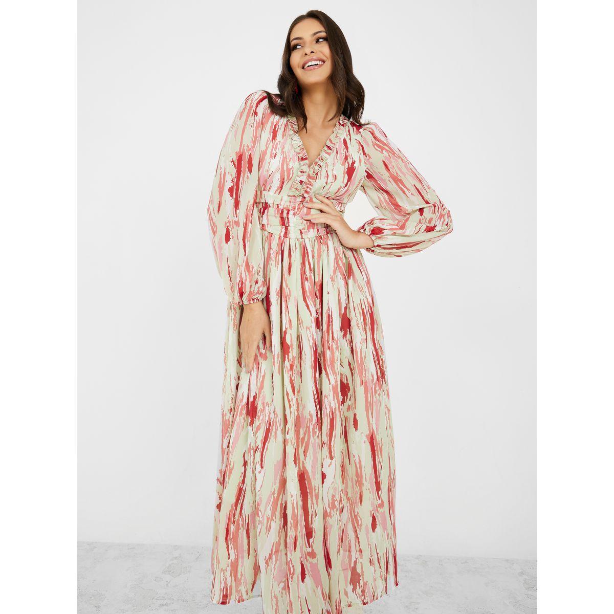 Styli  Abstract AOP Ruffle Neck Detail A-Line Maxi Dress-women-clothing-dresses-image-2