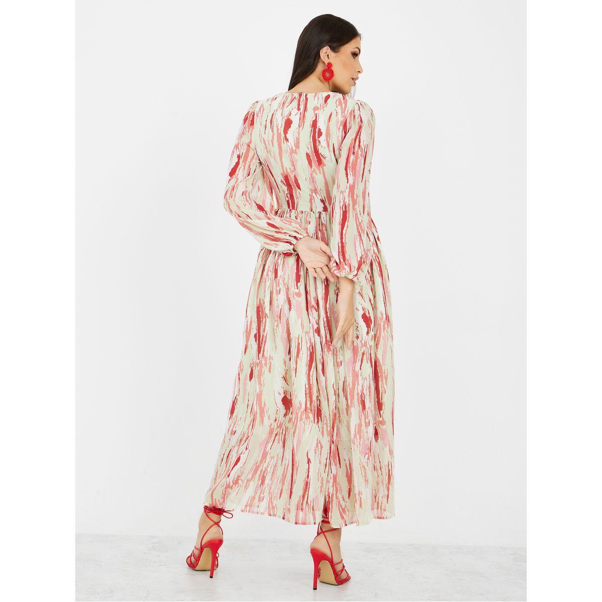 Styli  Abstract AOP Ruffle Neck Detail A-Line Maxi Dress-women-clothing-dresses-image-4