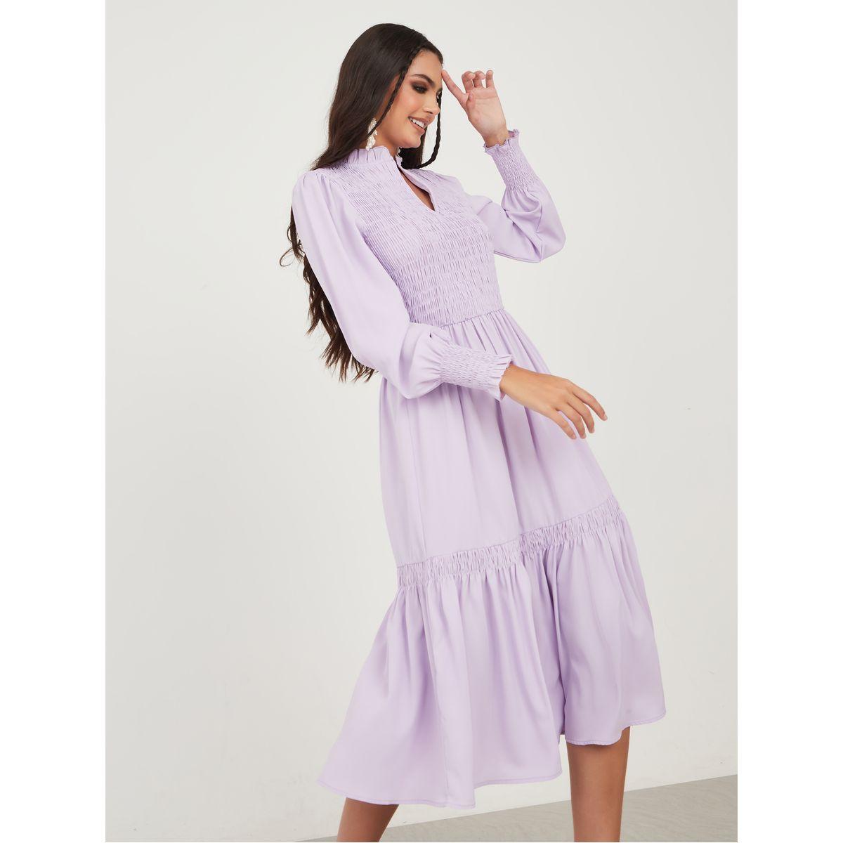 Styli Notch Neck Gathered Detail A-Line Midi Dress-women-clothing-dresses-image-1
