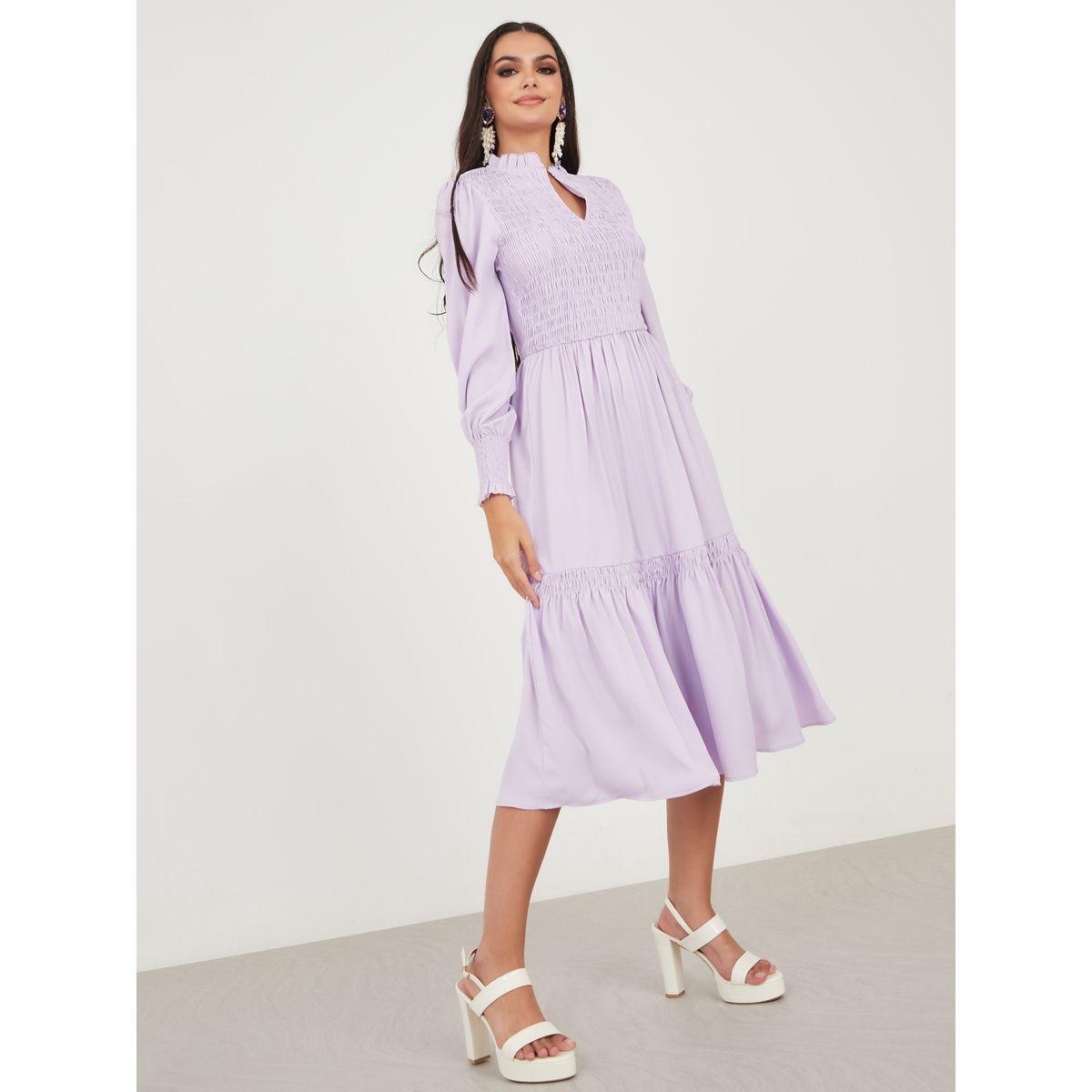Styli Notch Neck Gathered Detail A-Line Midi Dress-women-clothing-dresses-image-2