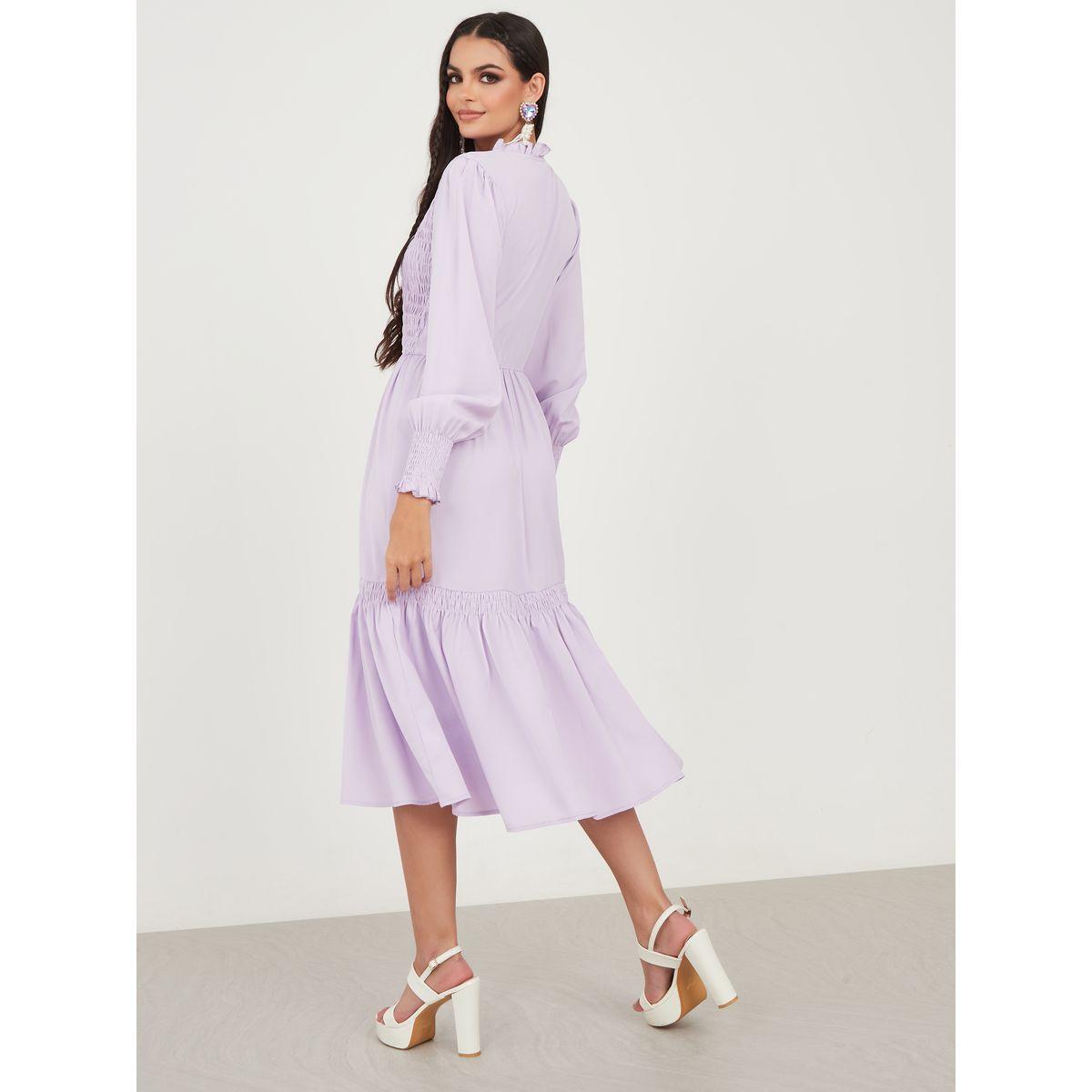 Styli Notch Neck Gathered Detail A-Line Midi Dress-women-clothing-dresses-image-4