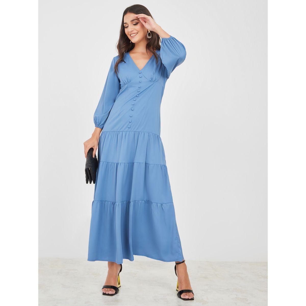 Styli V Neck Button Detail Tiered Maxi Dress-women-clothing-dresses-image-1