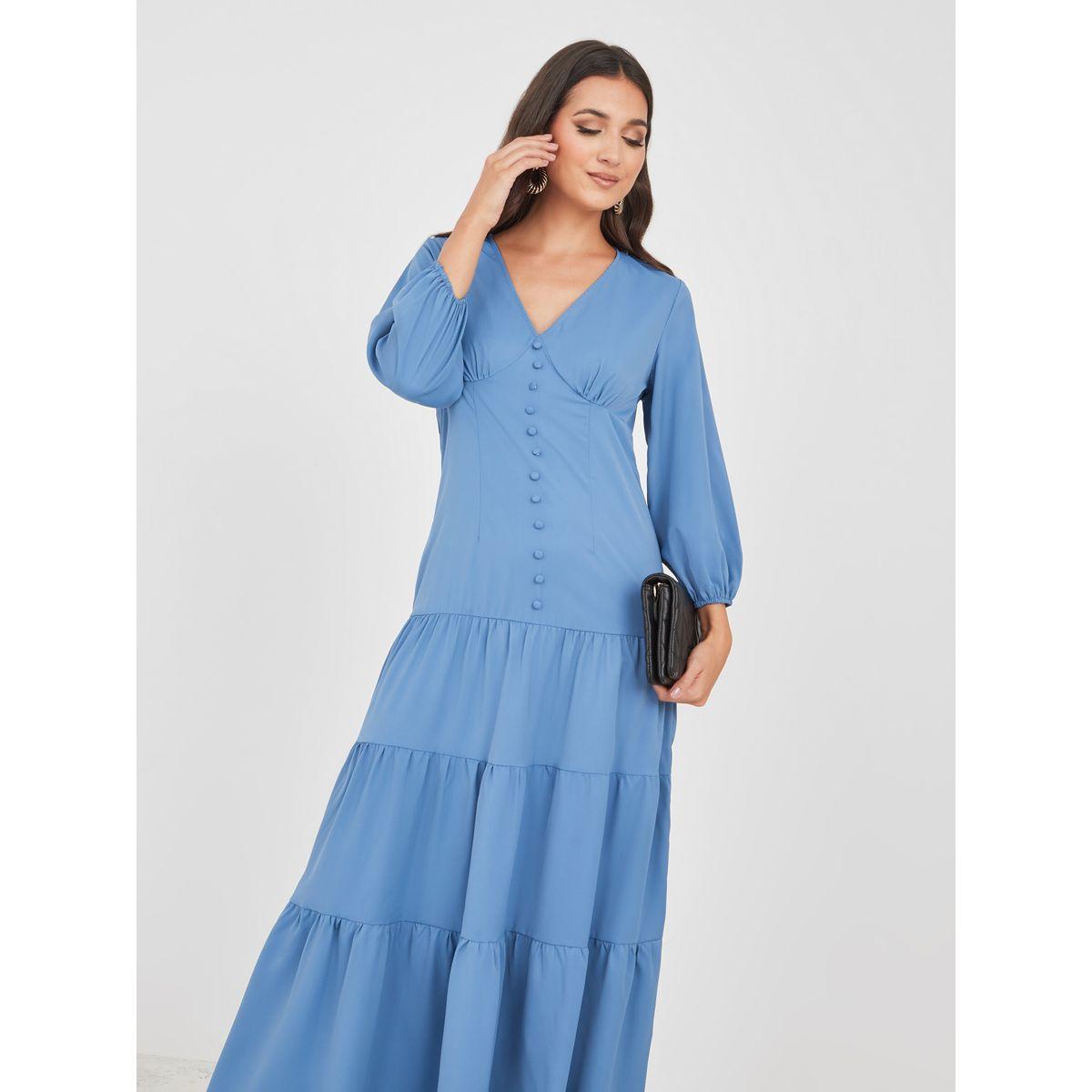فستان طويل مزين بكسرات وأزرار-women-clothing-dresses-image-2