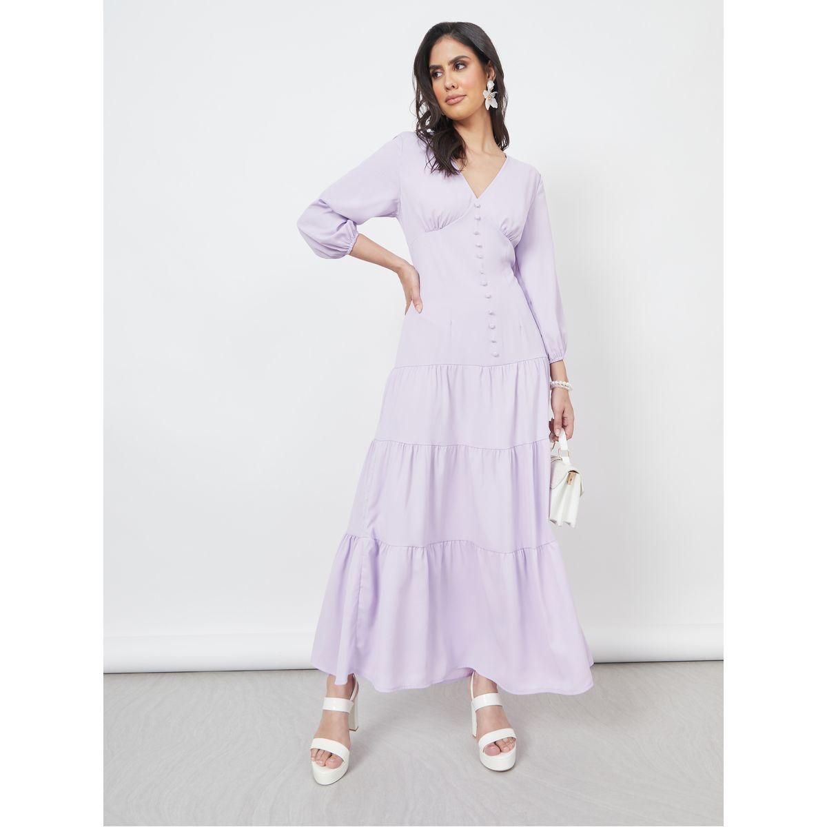 فستان طويل بكسرات ومزين بزر-women-clothing-dresses-image-1