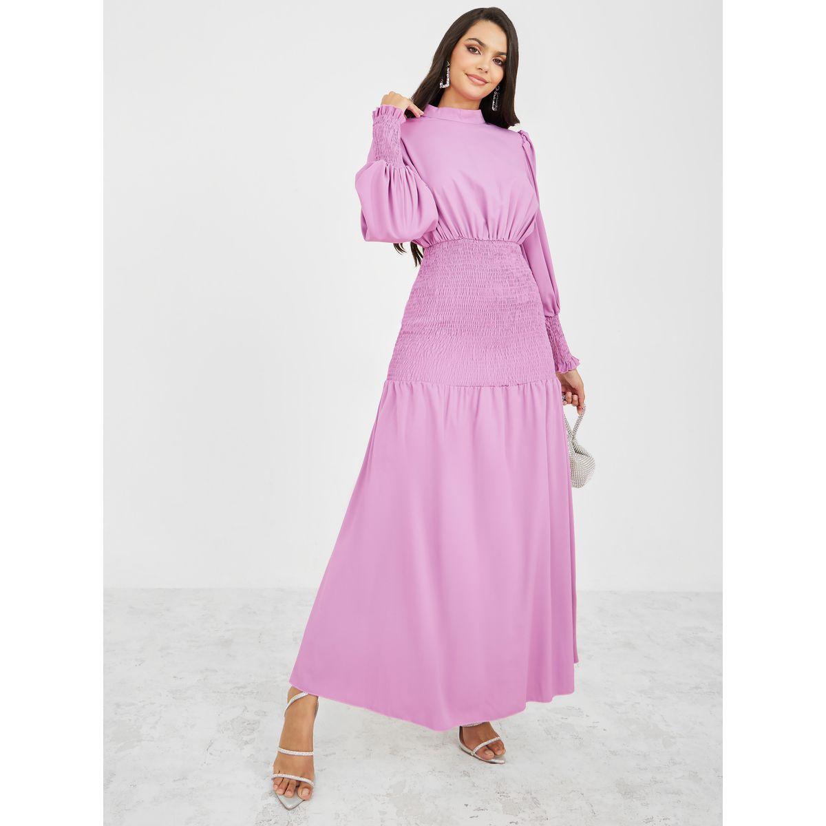 Styli Cuffed Sleeve Shirred Waist A-Line Maxi Dress-women-clothing-dresses-image-1