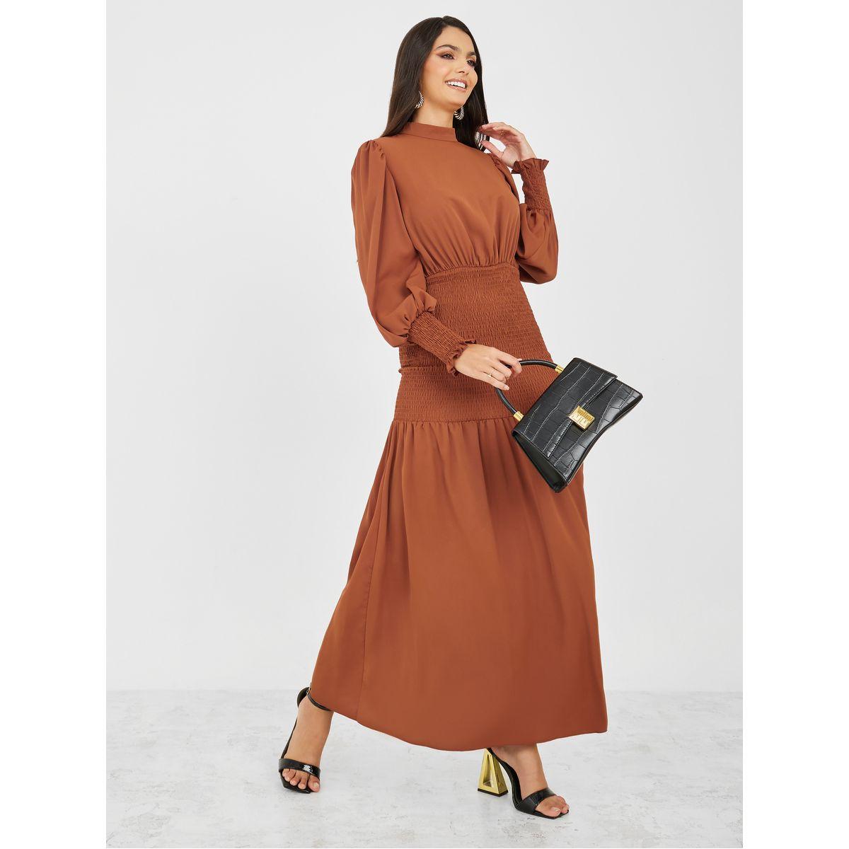 Styli Cuffed Sleeve Shirred Waist A-Line Maxi Dress-women-clothing-dresses-image-1