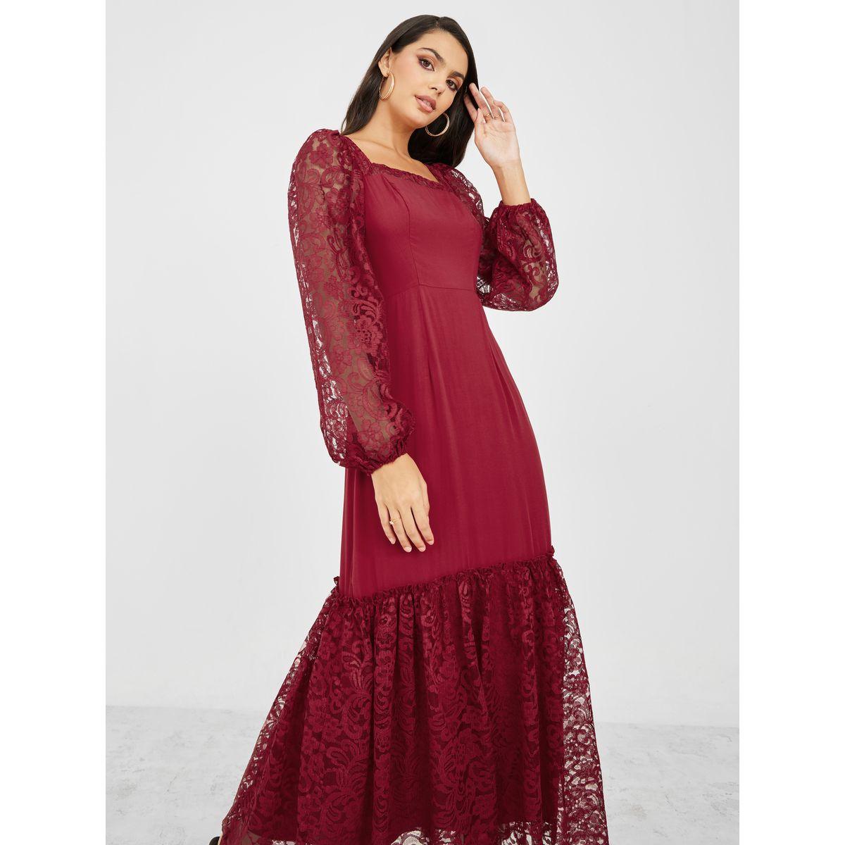 Styli Lace Hem Detail Square Neck Maxi Dress-women-clothing-dresses-image-1