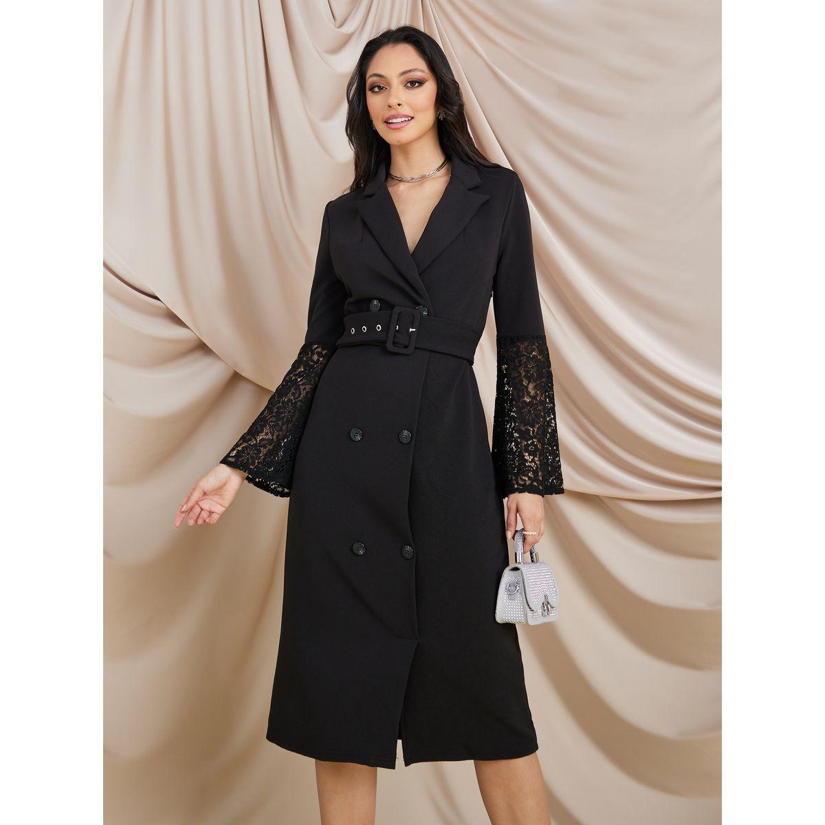 Styli Limited Bell Sleeve Lace Insert Blazer Midi Dress with Belt-women-clothing-dresses-image-2