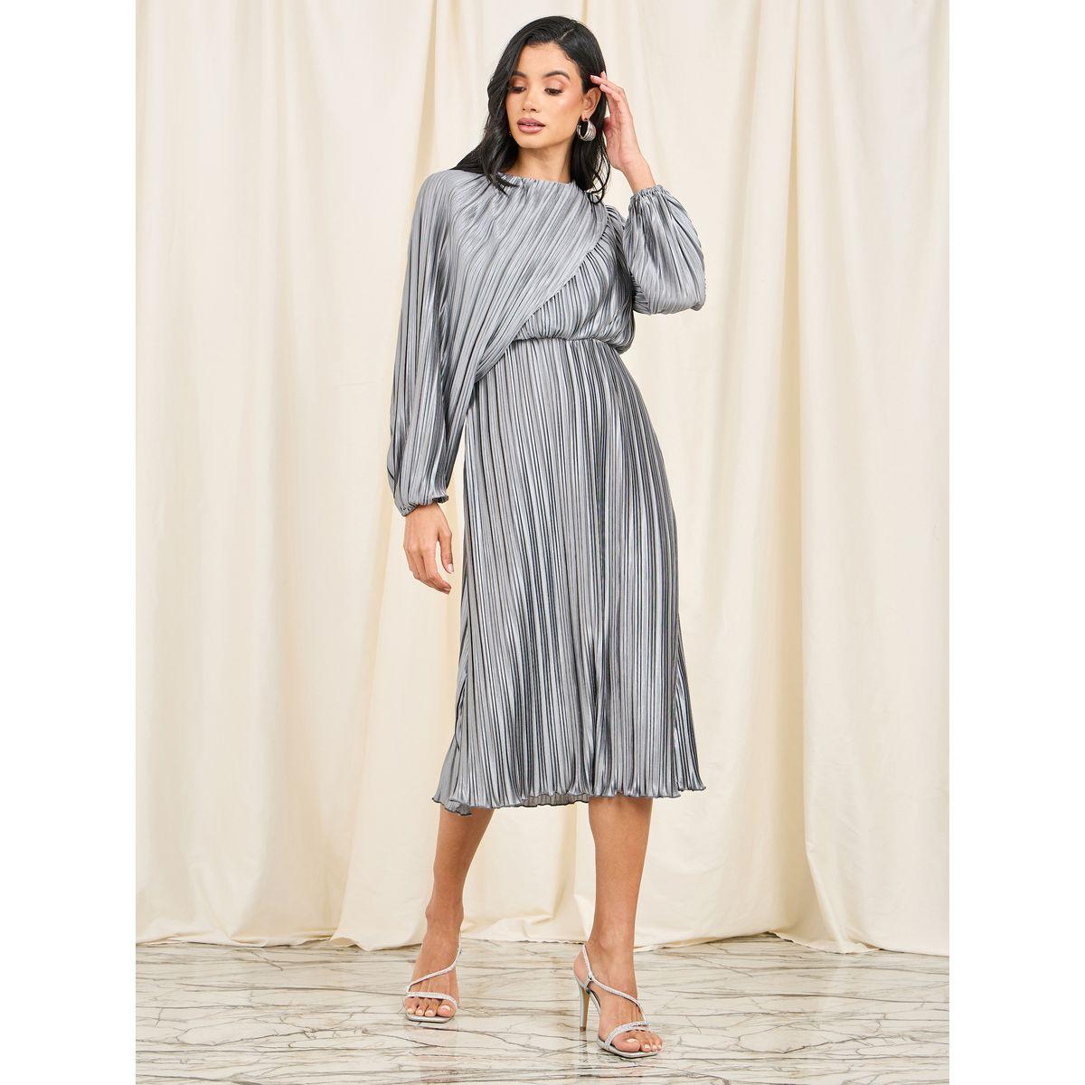 فستان ميدي باكمام رداء وتفاصيل براقة-women-clothing-dresses-image-1