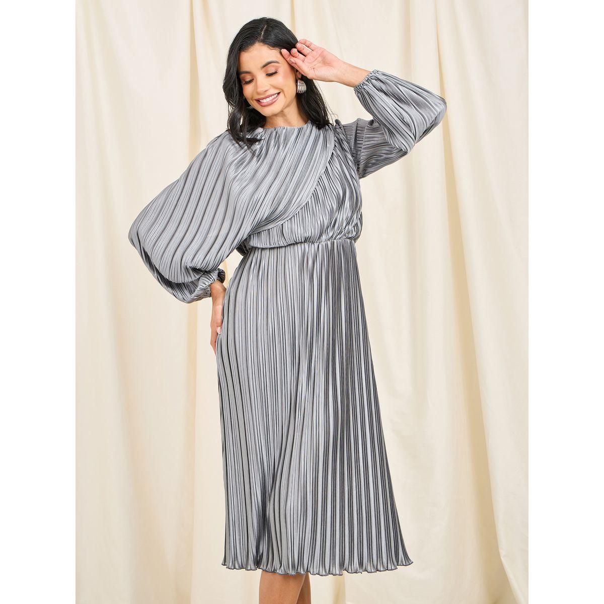 فستان ميدي باكمام رداء وتفاصيل براقة-women-clothing-dresses-image-2