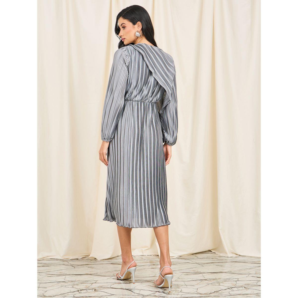 Styli Limited Metallic Pleated Asymmetric Cape Sleeves Midi Dress-women-clothing-dresses-image-4