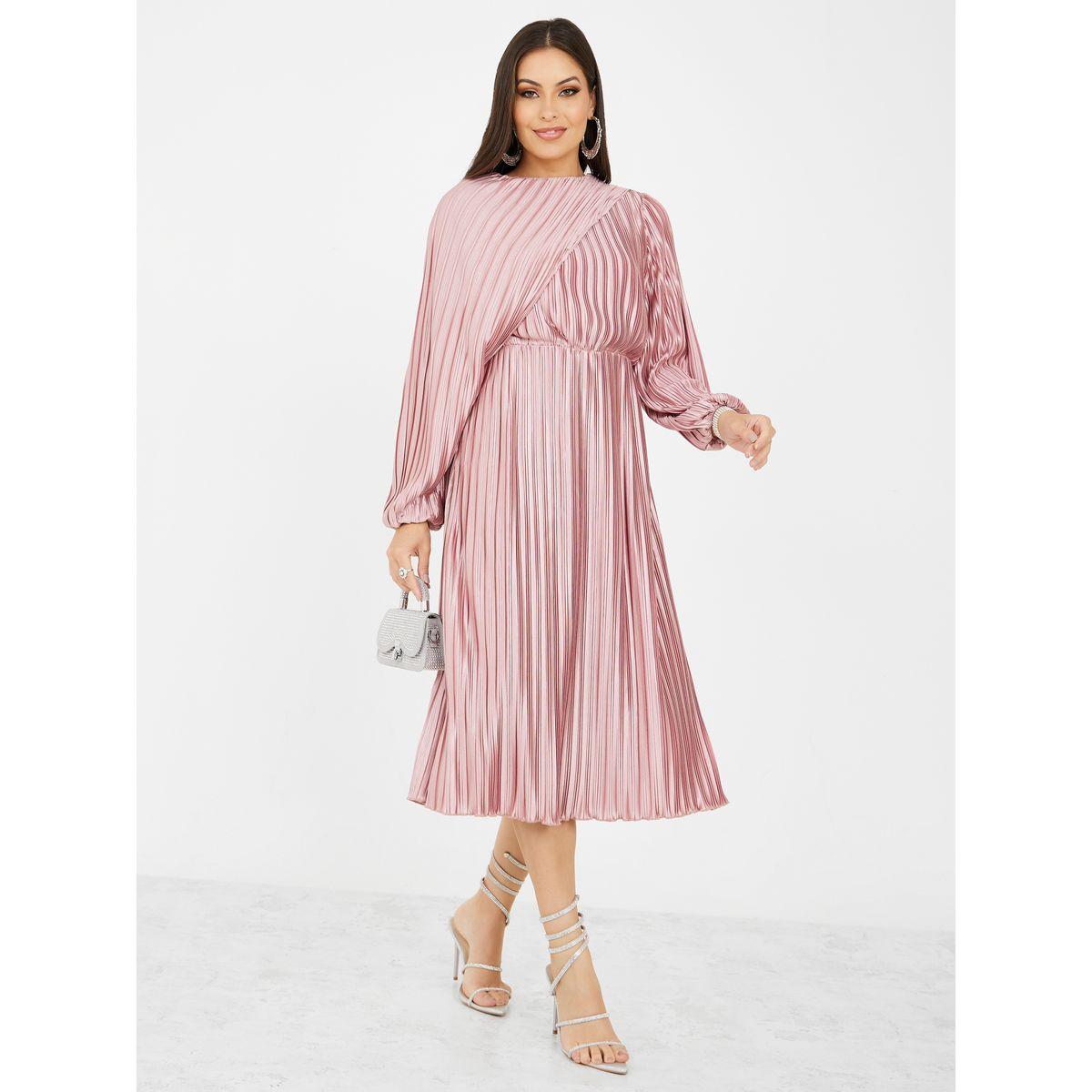 Styli Limited Asymmetric Cape Pleated Elasticated Waist Midi Dress-women-clothing-dresses-image-1