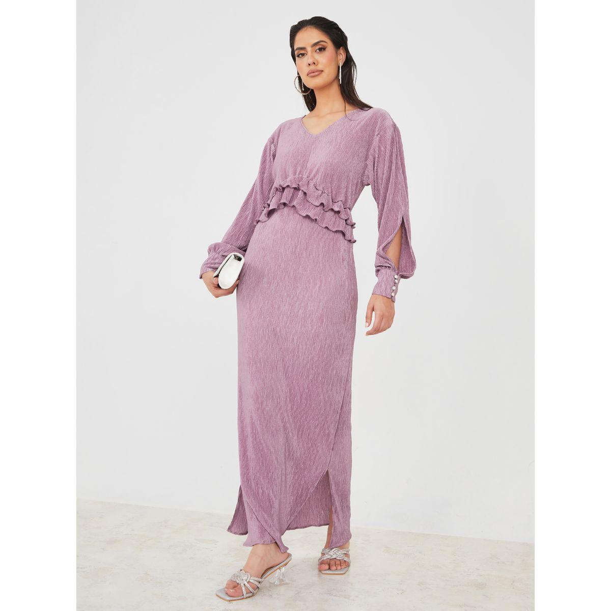 Styli Limited Frill Detail Plisse Maxi Dress with Slit Sleeve-women-clothing-dresses-image-1