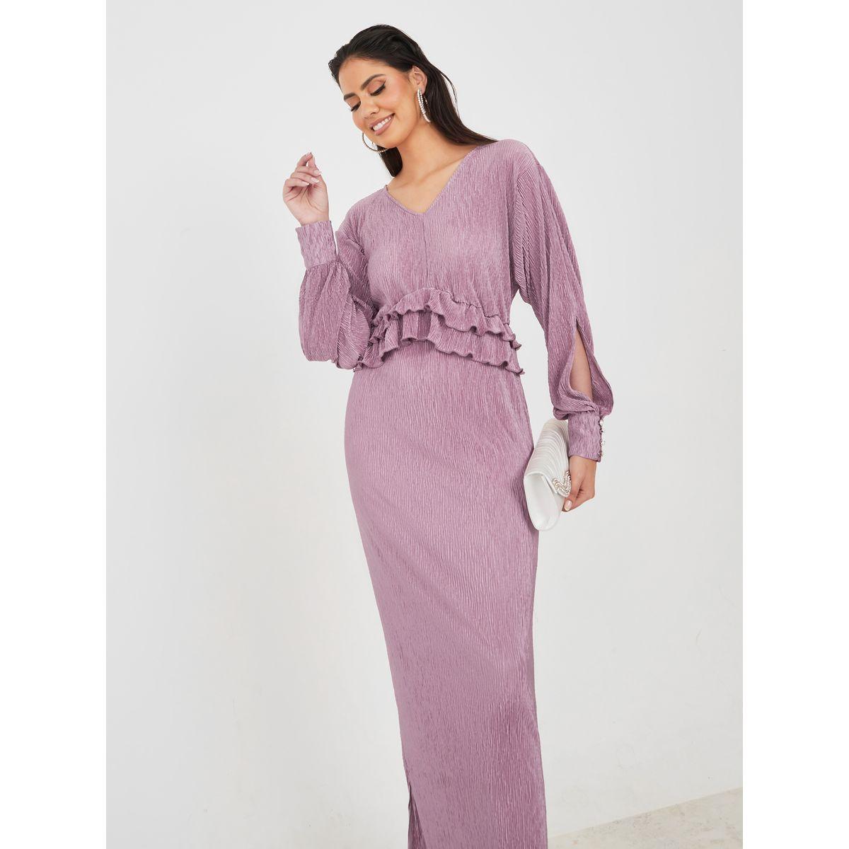 Styli Limited Frill Detail Plisse Maxi Dress with Slit Sleeve-women-clothing-dresses-image-2