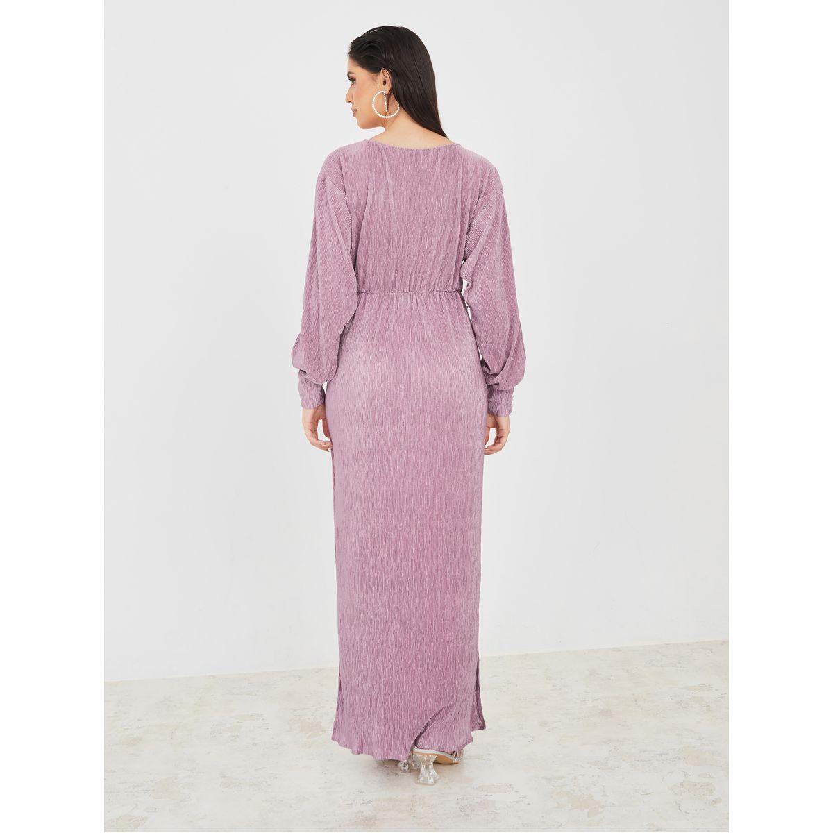 Styli Limited Frill Detail Plisse Maxi Dress with Slit Sleeve-women-clothing-dresses-image-4
