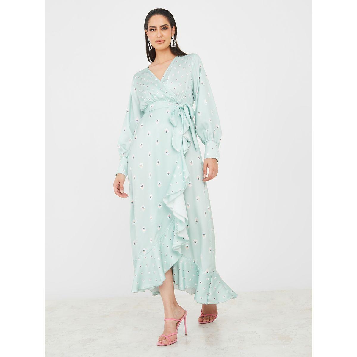 Styli Limited Ruffle Hem AOP Satin Wrap Maxi Dress-women-clothing-dresses-image-1