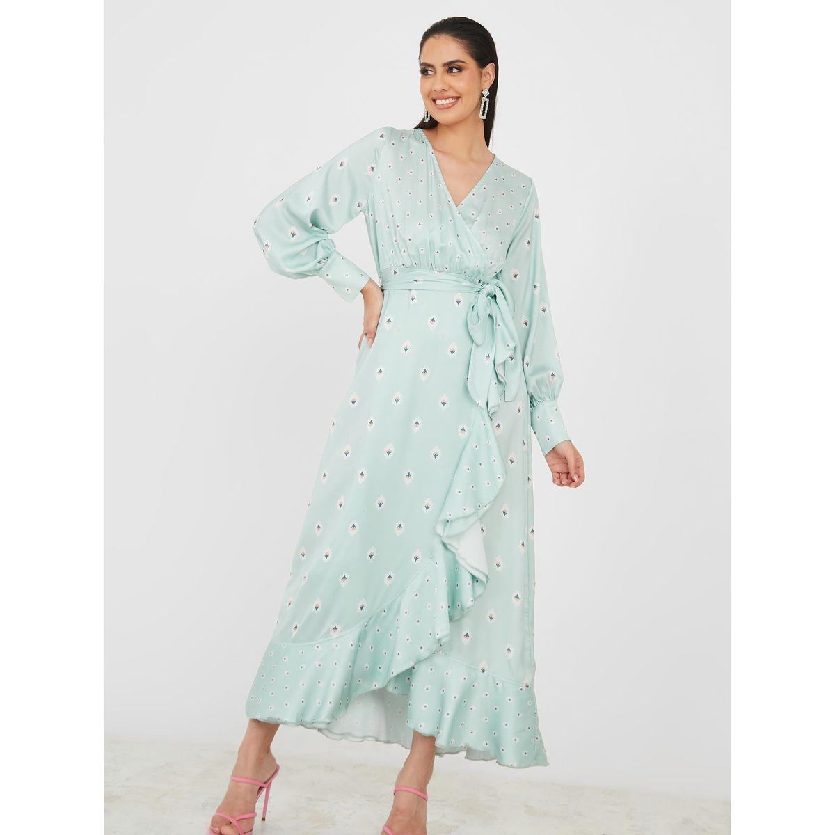 Styli Limited Ruffle Hem AOP Satin Wrap Maxi Dress-women-clothing-dresses-image-2