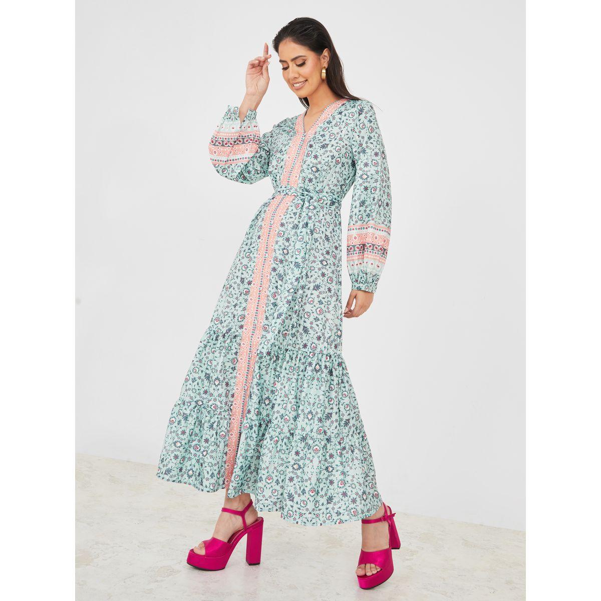 فستان طويل بكسرات وحزام خصر-women-clothing-dresses-image-1