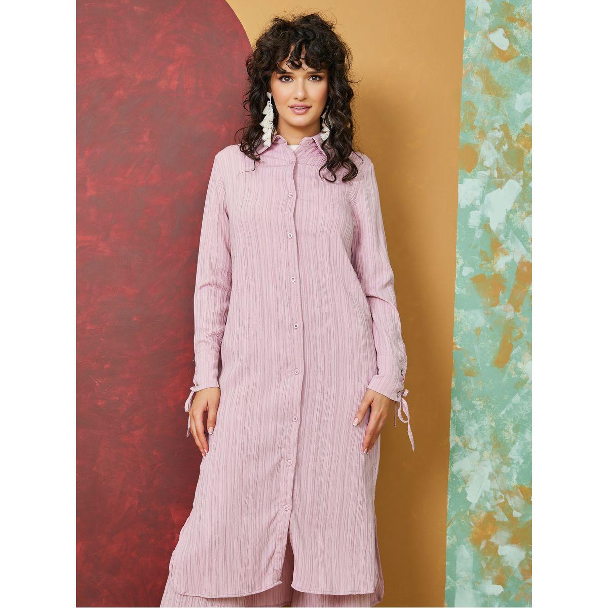 Styli Limited Textured Longline Shirt with Tie-Cuff Sleeve-women-clothing-shirtsandblouses-shirts-image-3