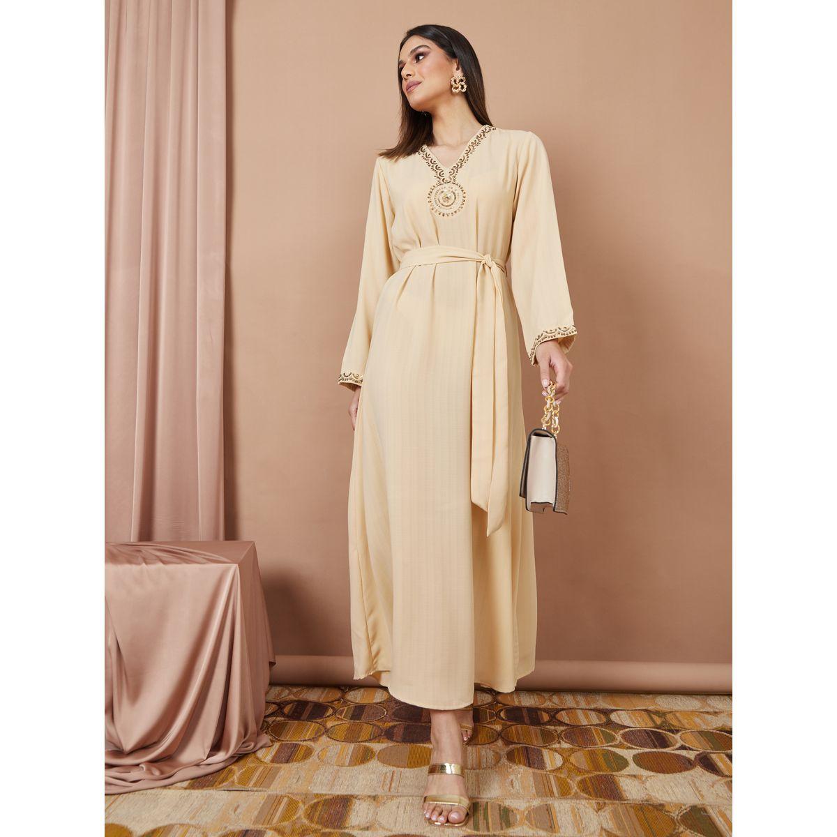 Styli Handwork Embroidered Neck Linen Look Jalabiya-women-arabicclothing-jalabiyas-image-1