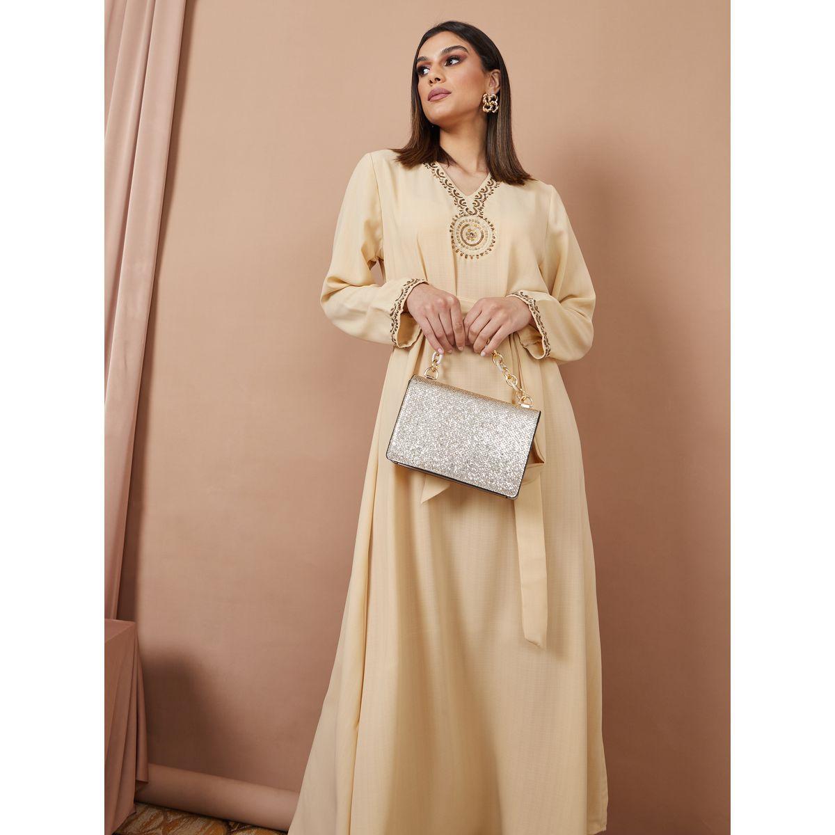 Styli Handwork Embroidered Neck Linen Look Jalabiya-women-arabicclothing-jalabiyas-image-2