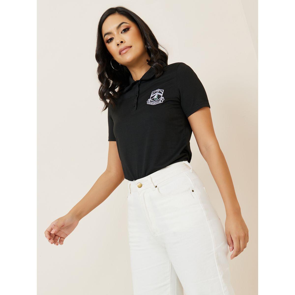 Styli Regular Fit Badge Slogan Half Placket Polo T-Shirt-women-clothing-tshirts-image-1