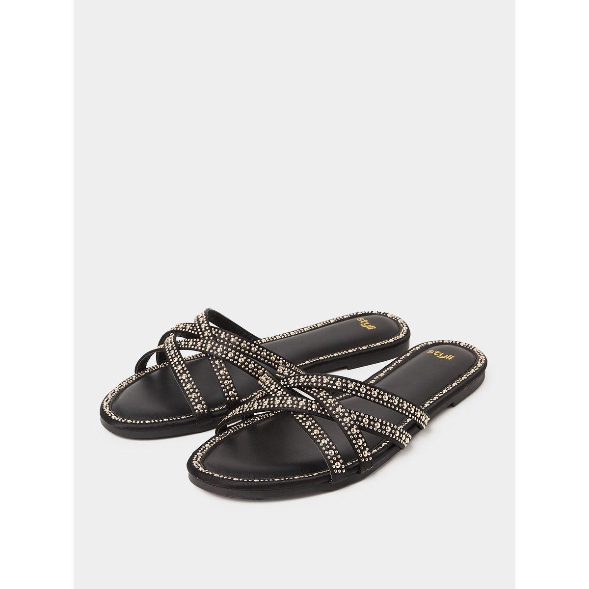 Styli Embellished Stud Detail Cross Strap Flat Sandals-women-shoes-sandals-flats-image-3