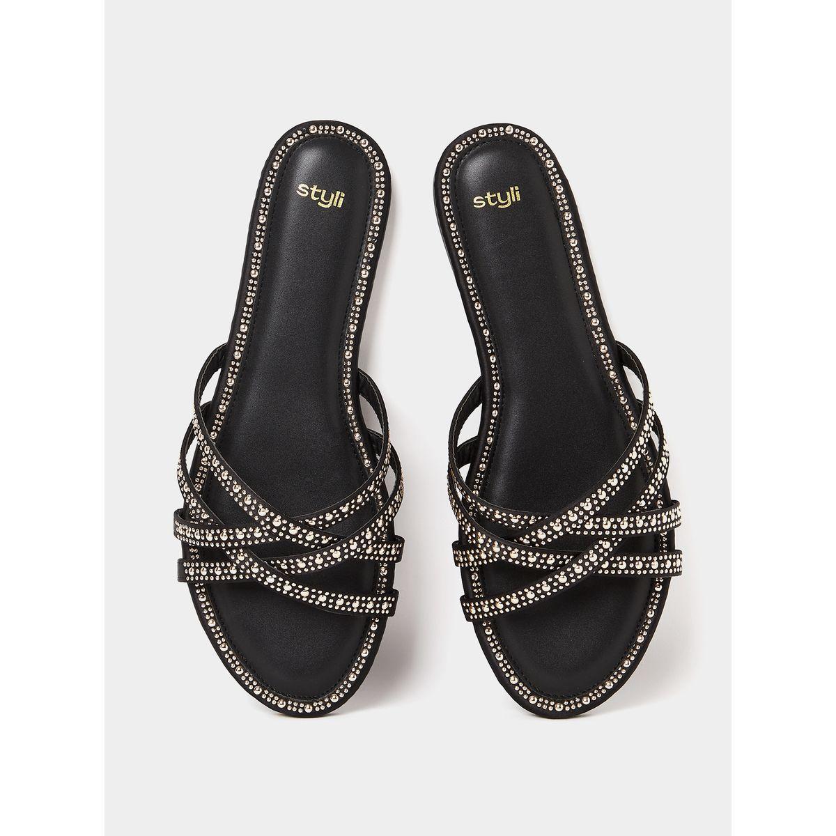 Styli Embellished Stud Detail Cross Strap Flat Sandals-women-shoes-sandals-flats-image-6