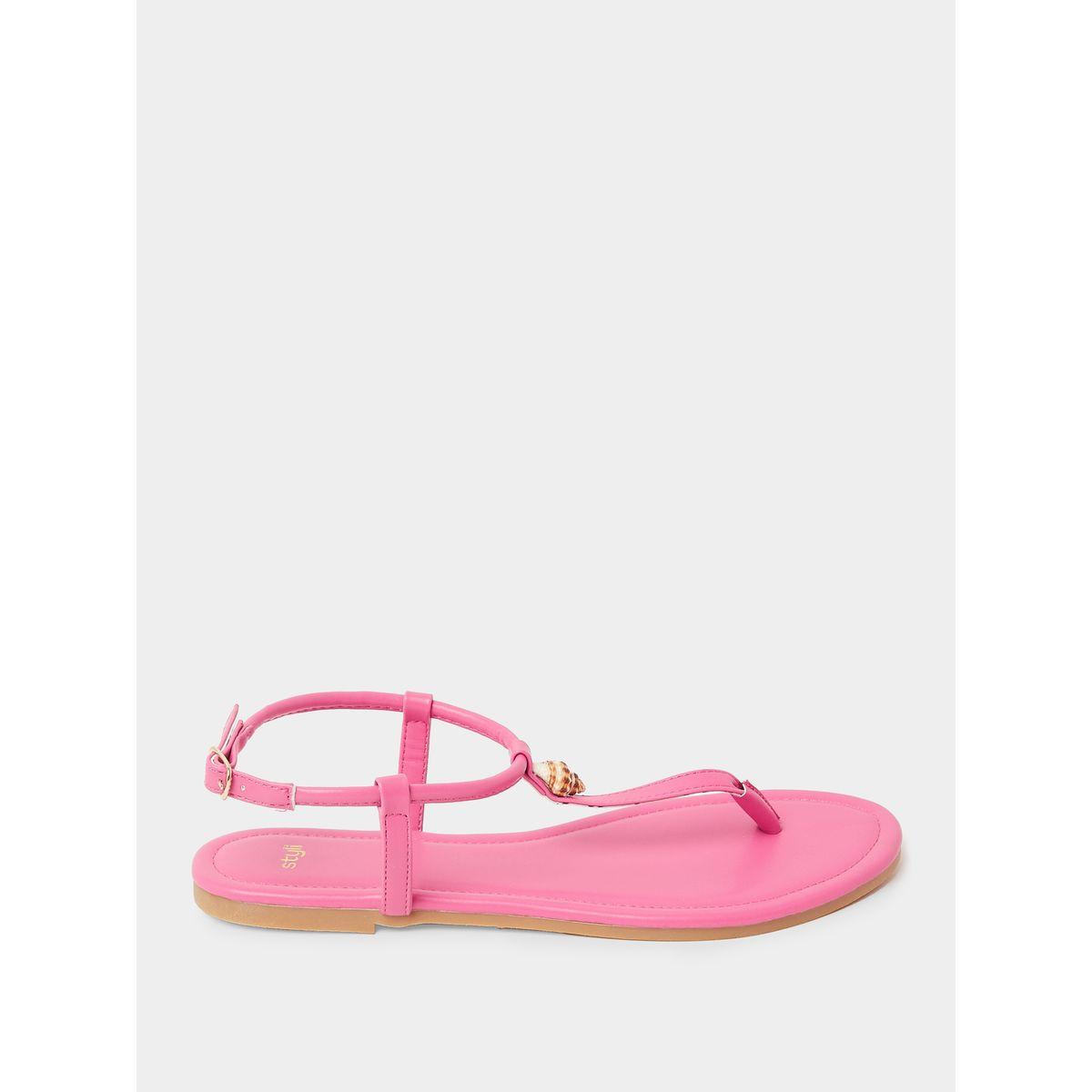 Styli Shell Accent T-Strap Flat Sandals-women-shoes-sandals-flats-image-1