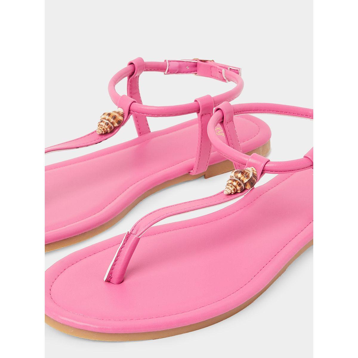Styli Shell Accent T-Strap Flat Sandals-women-shoes-sandals-flats-image-4