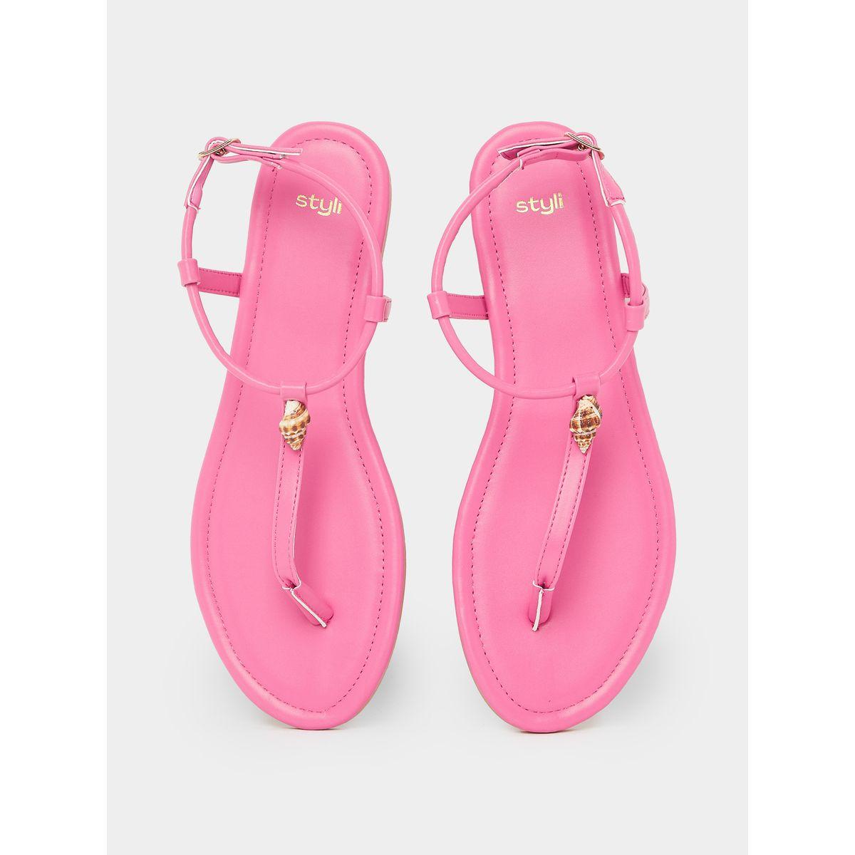 Styli Shell Accent T-Strap Flat Sandals-women-shoes-sandals-flats-image-5