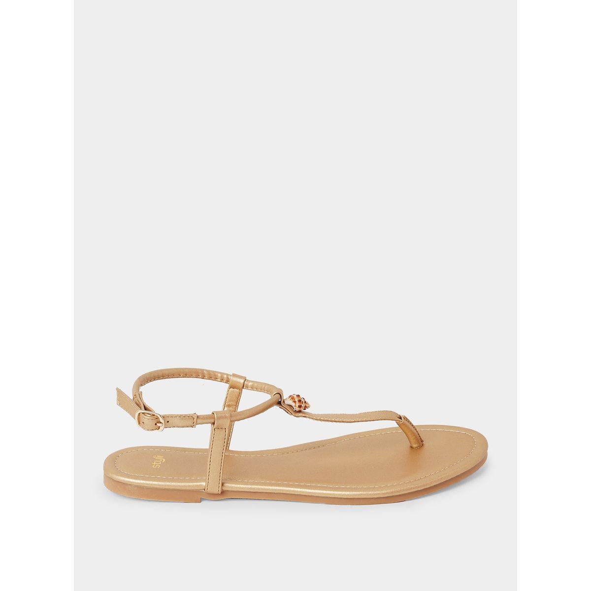 Styli Shell Accent T-Strap Flat Sandals-women-shoes-sandals-flats-image-1