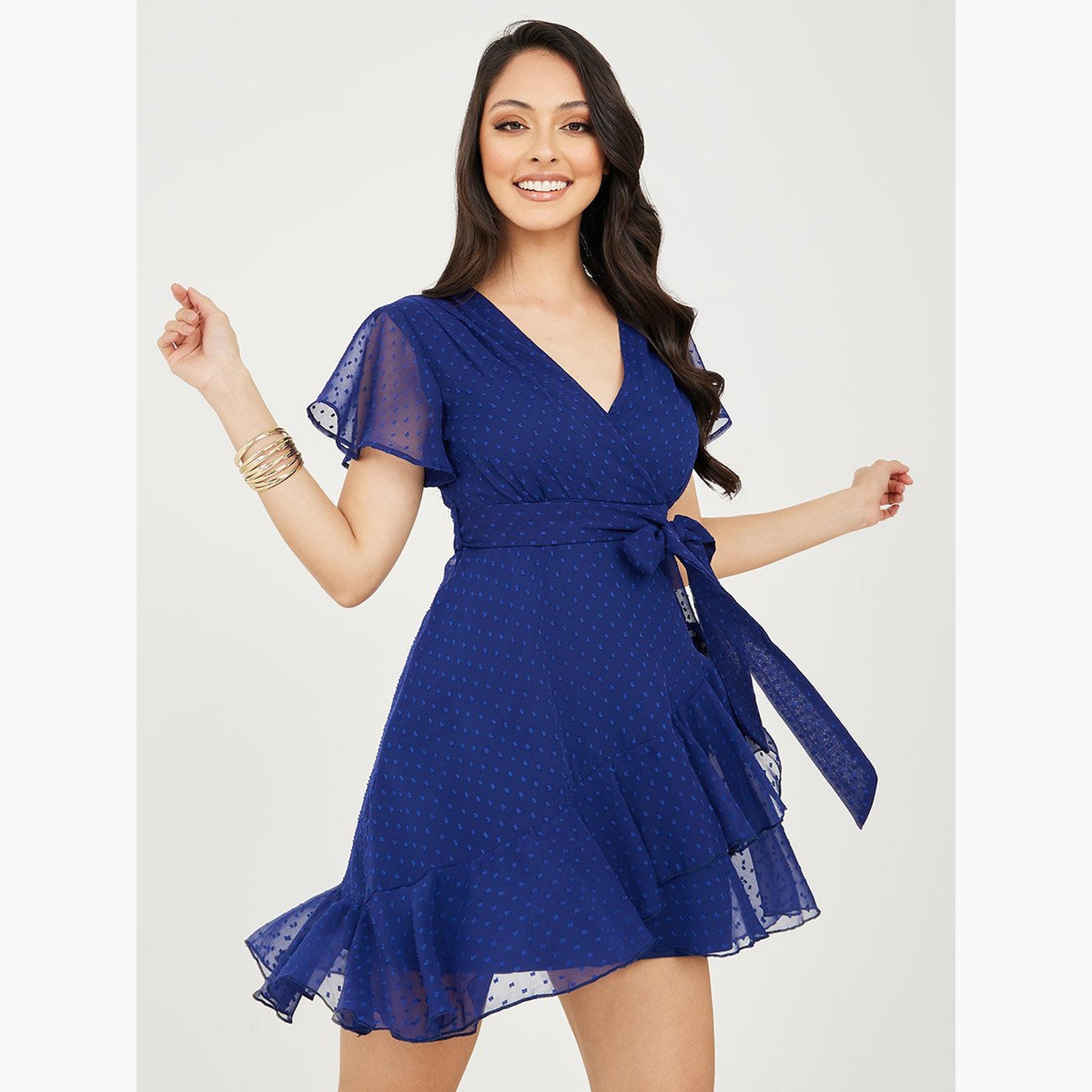 Styli Dobby Wrap Mini Dress with Frill Hem-women-clothing-dresses-image-1