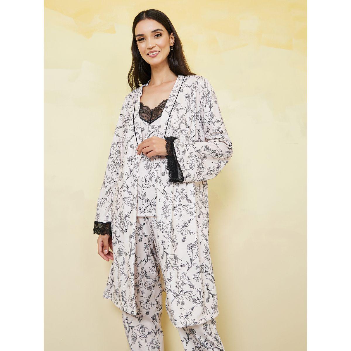 Styli Unwind Pack of 3 - Floral Lace Trim Cami, Trouser & Robe Set-women-clothing-nightwear-pyjamas-longsets-image-4