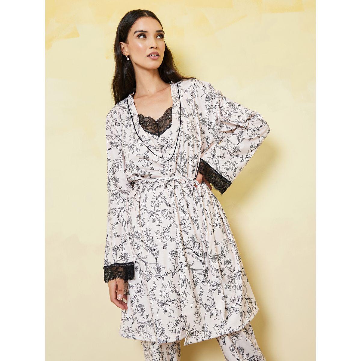 Styli Unwind Pack of 3 - Floral Lace Trim Cami, Trouser & Robe Set-women-clothing-nightwear-pyjamas-longsets-image-6