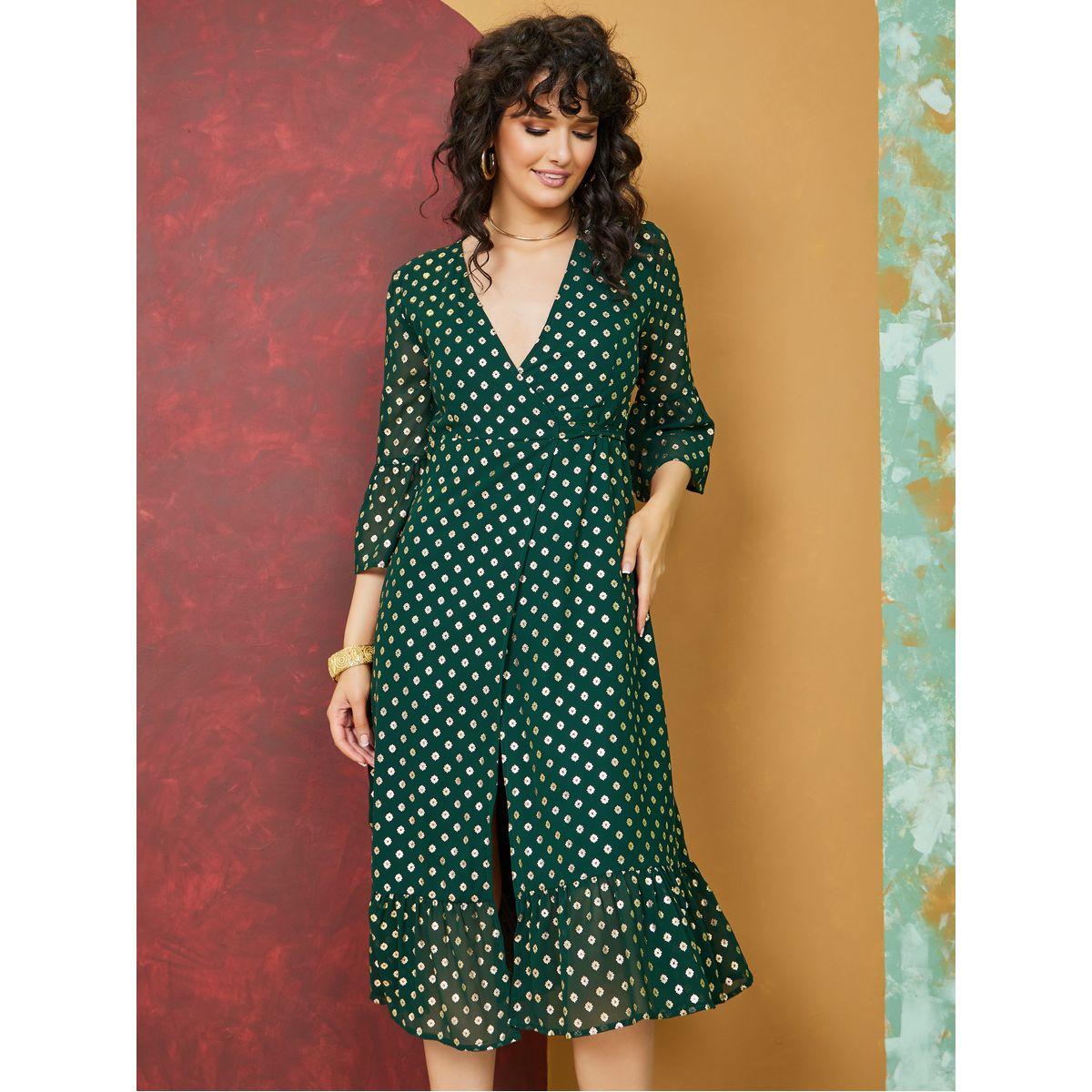 Styli Foil Print Flared Sleeves Wrap Midi Dress-women-clothing-dresses-image-2