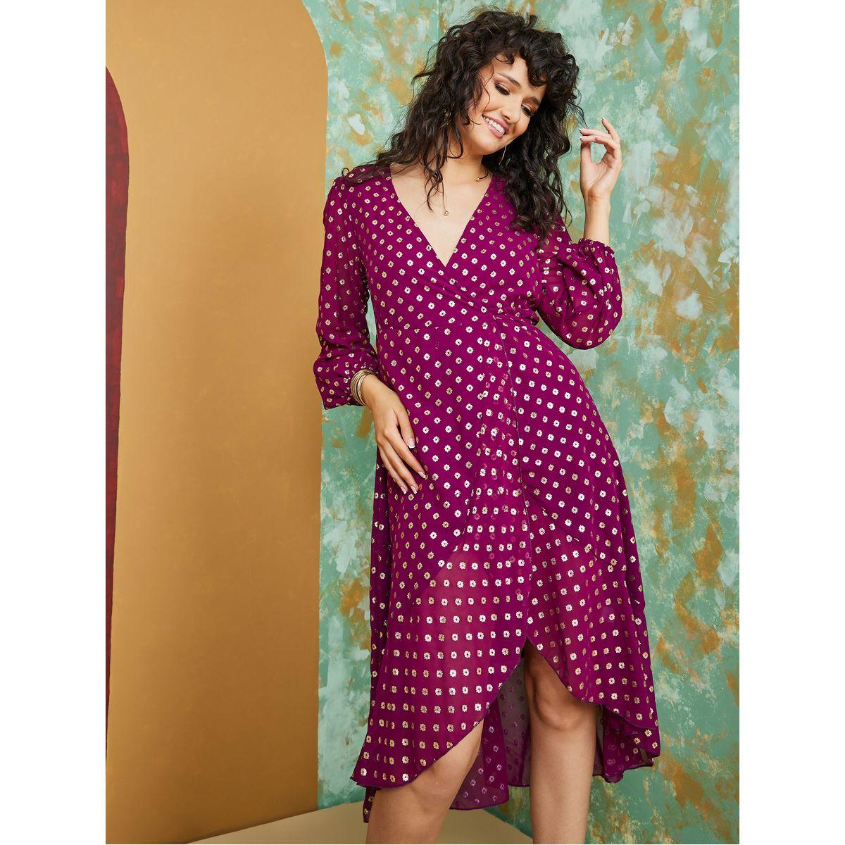 Styli Foil Print Flared Sleeves Wrap Midi Dress-women-clothing-dresses-image-1