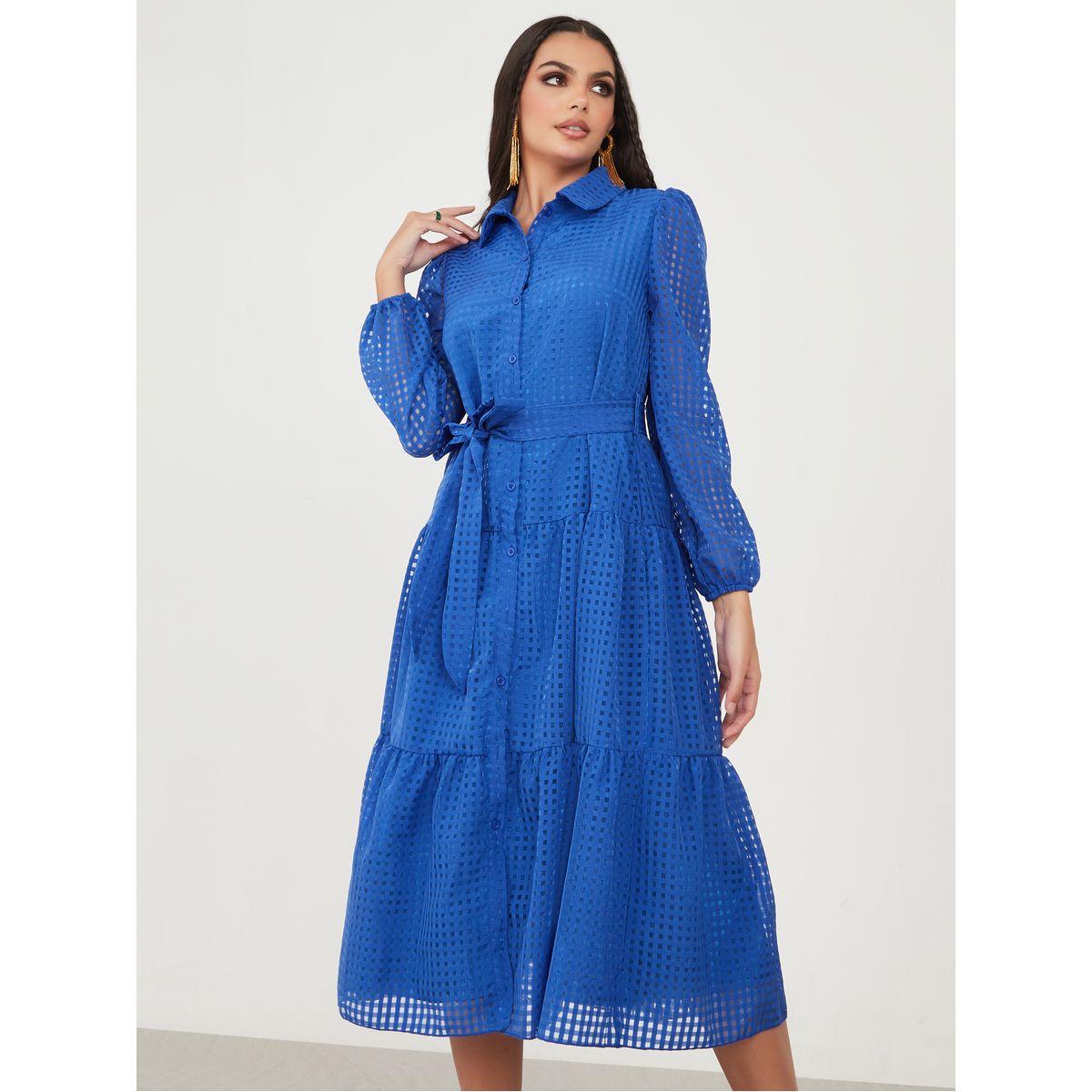 Styli Check Textured Shirt Tiered Midi Dress-women-clothing-dresses-image-1