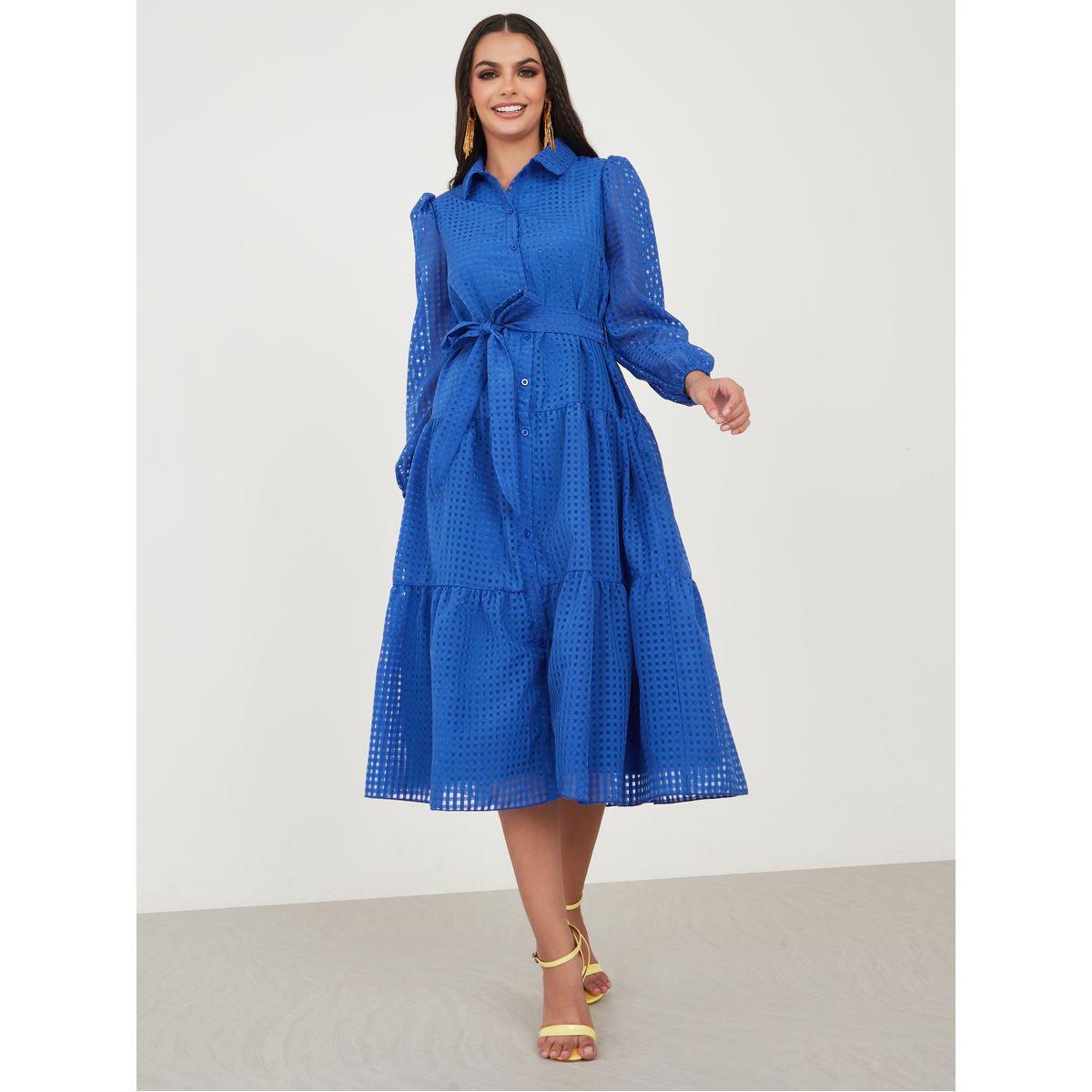 Styli Check Textured Shirt Tiered Midi Dress-women-clothing-dresses-image-2